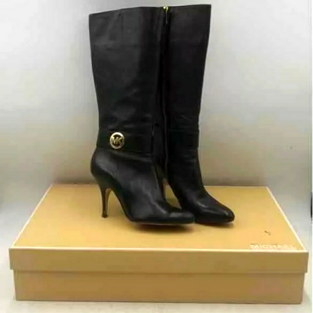 Michael Kors MK Caroline Black Leather Mid-Calf Stiletto Heel Booties Sz 8M